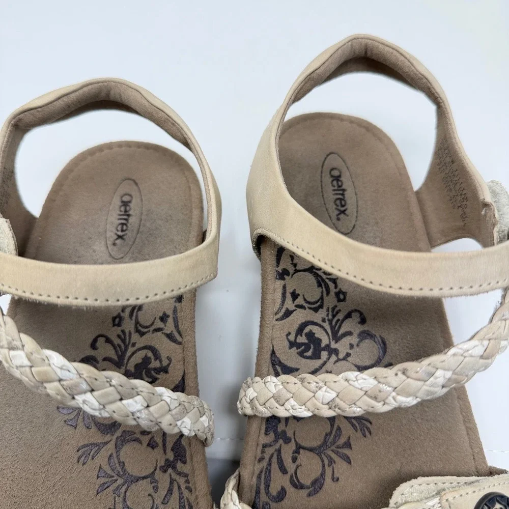 Aetrex Womens 8 Jillian Cream Leather Braided Strap Orthotic Sandals Grandmacore